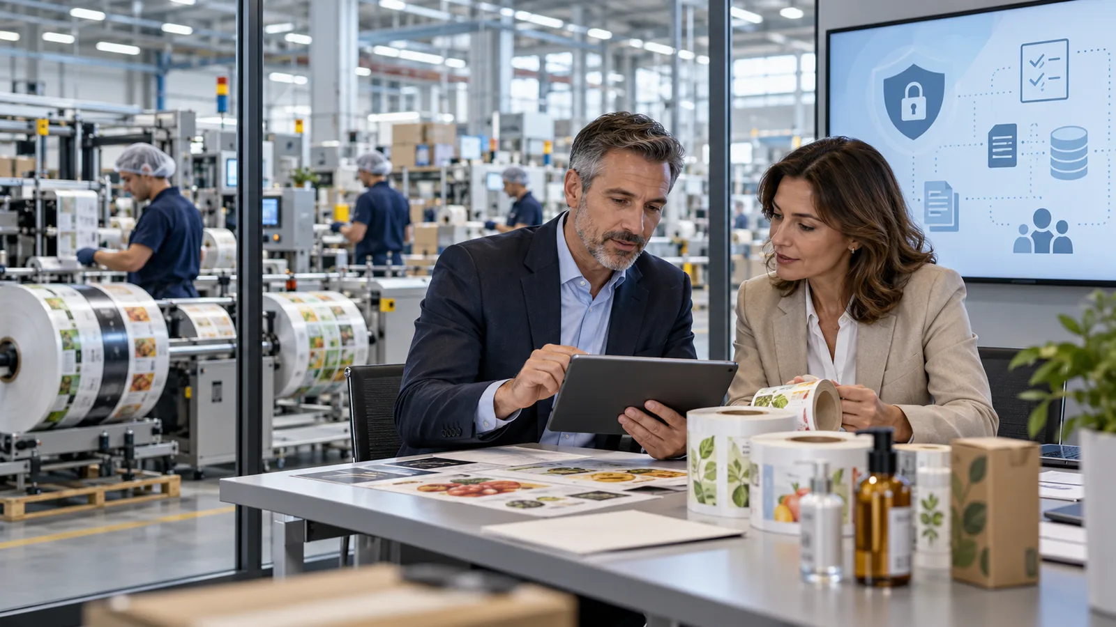 Adviser and manager reviewing data-protection arrangements beside a label production floor, representing the Iconex GDPR gap-analysis case study.