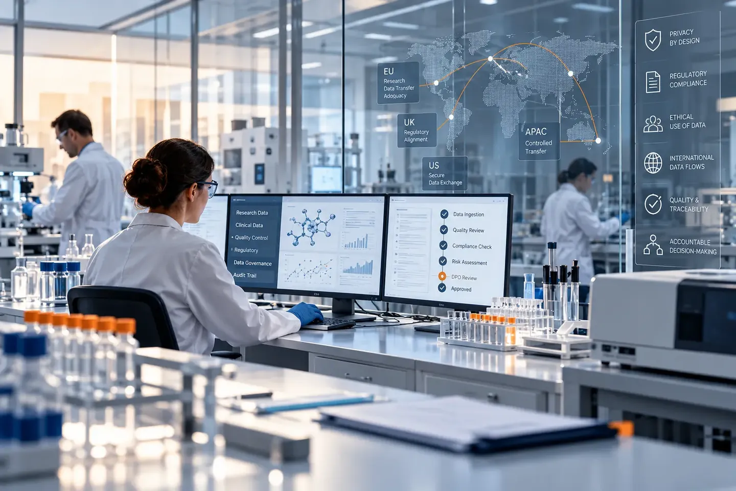 Conceptual laboratory environment showing regulated research data and governance pathways.