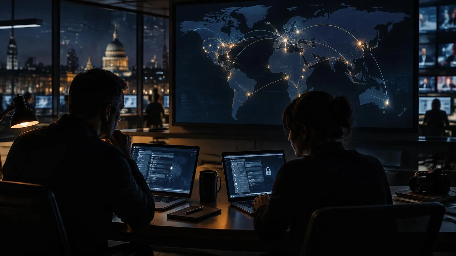 Journalist and security manager working on secured laptops beneath a global connection map, representing journalist security for global news organisations.