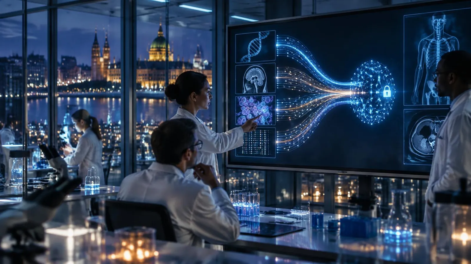 Scientists reviewing anonymised patient data streams merging into a secure network, representing the NIHR Biomedical Research Centres data-sharing governance framework.