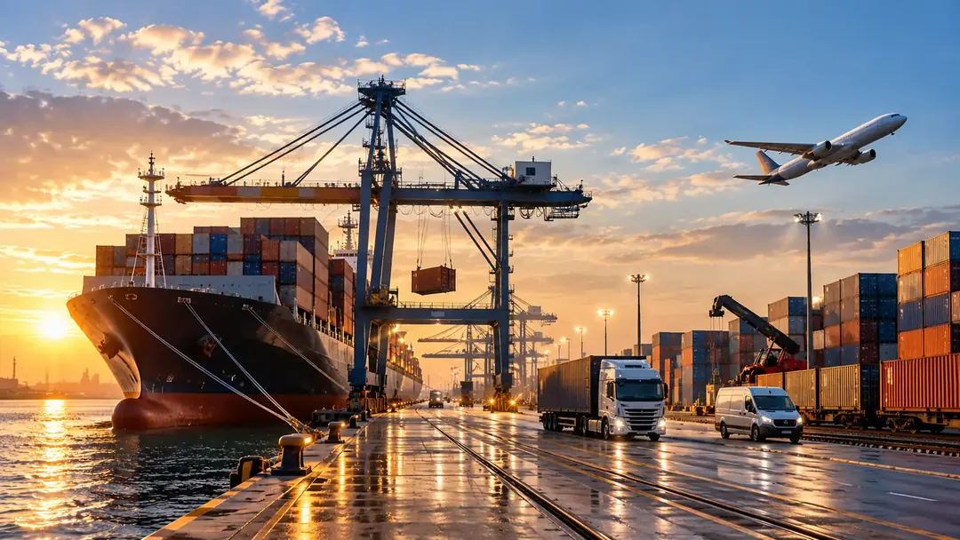 Conceptual artwork showing sea, air and road freight in a port setting for the EFS - Ebrex case study.