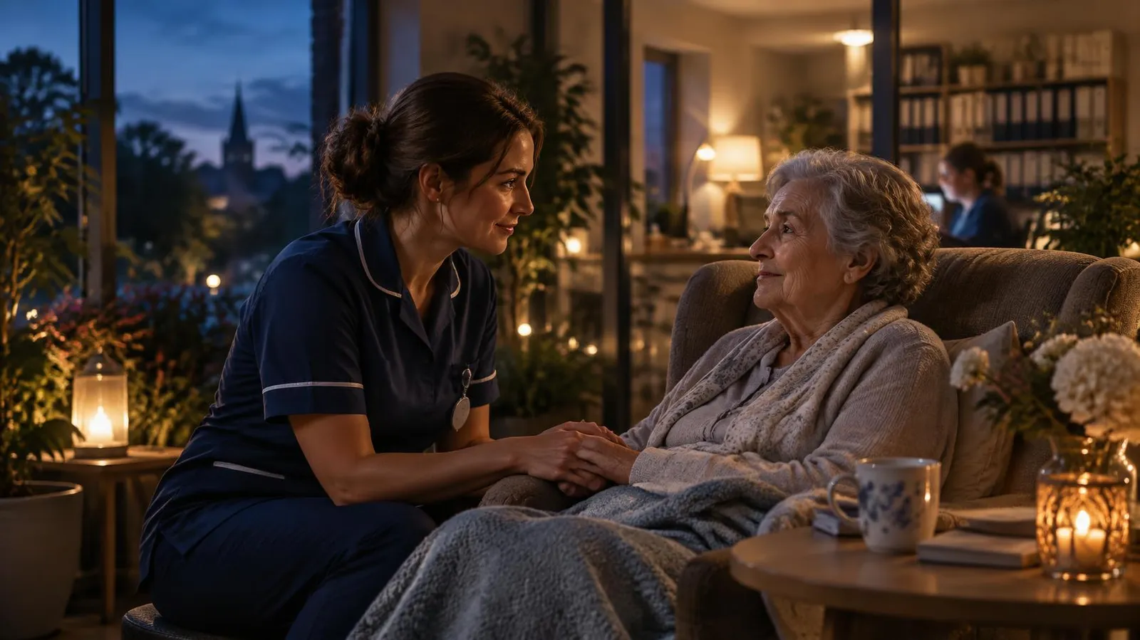 Hospice nurse holding an elderly patient's hand in a calm hospice room, representing NHS information governance support for The Myton Hospices.