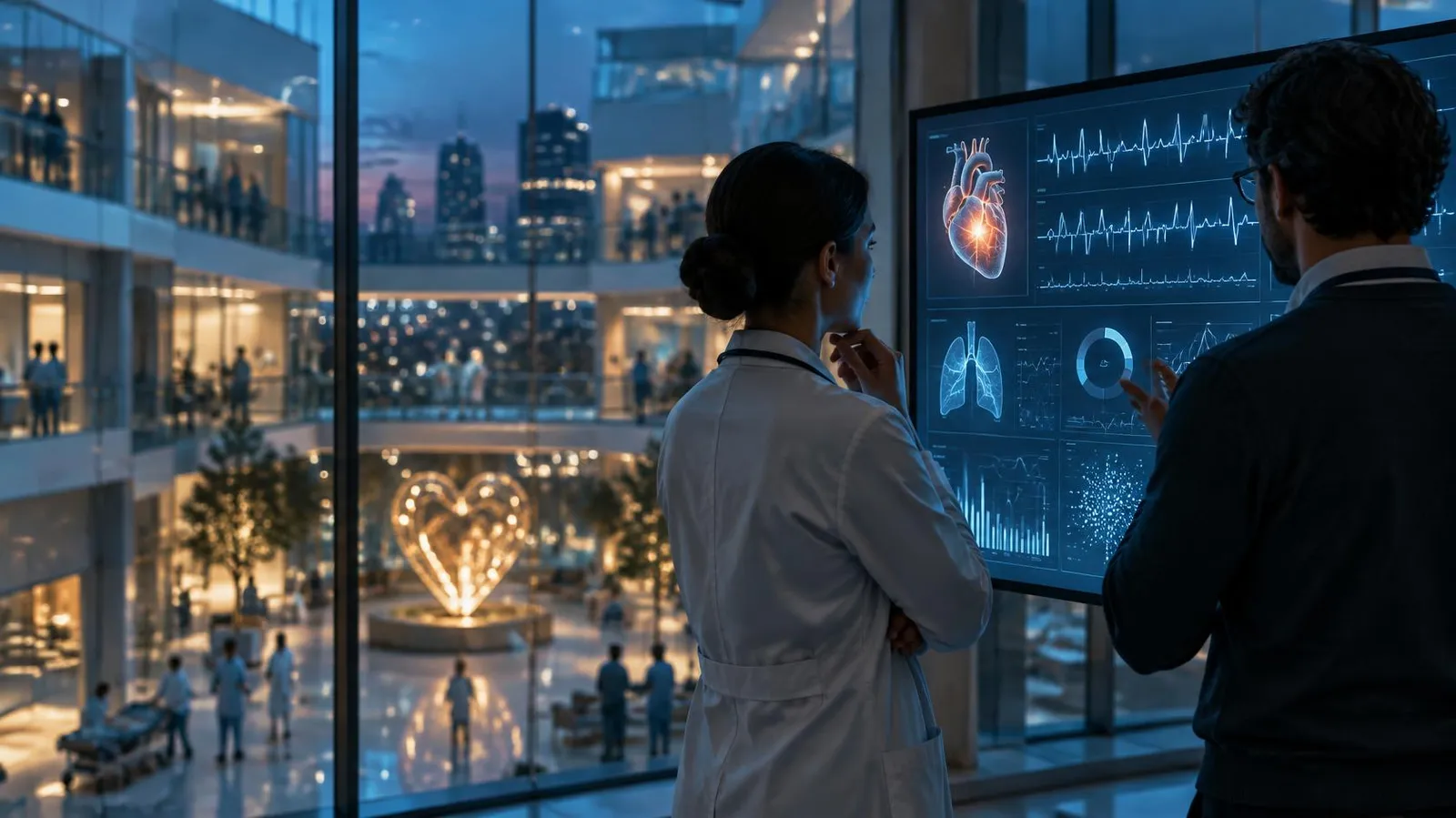 Clinician and data analyst reviewing cardiac and respiratory analytics in a specialist NHS hospital, representing managed IG and clinical safety for Royal Brompton & Harefield.
