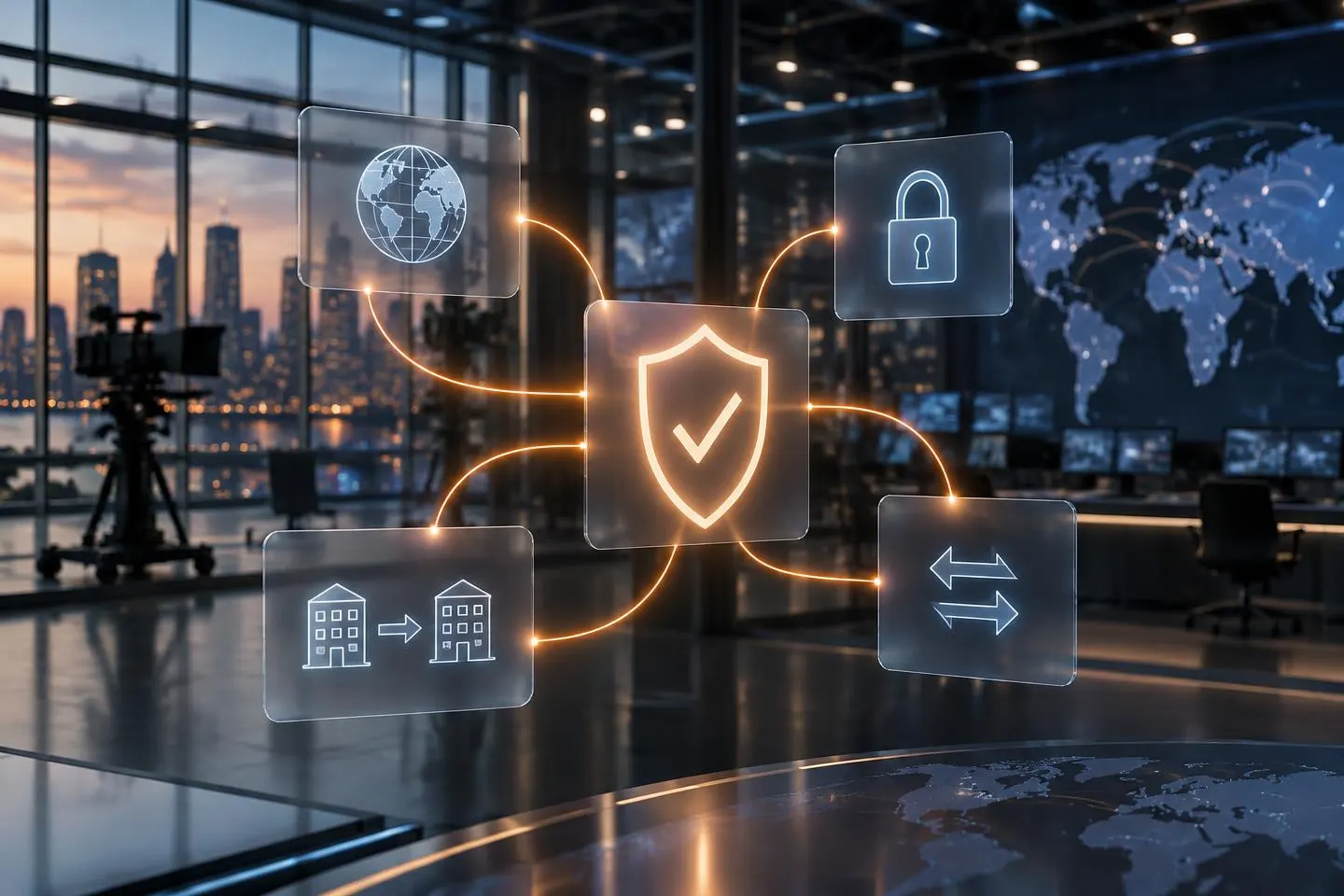 Conceptual media hub with privacy, transfer and acquisition governance links.