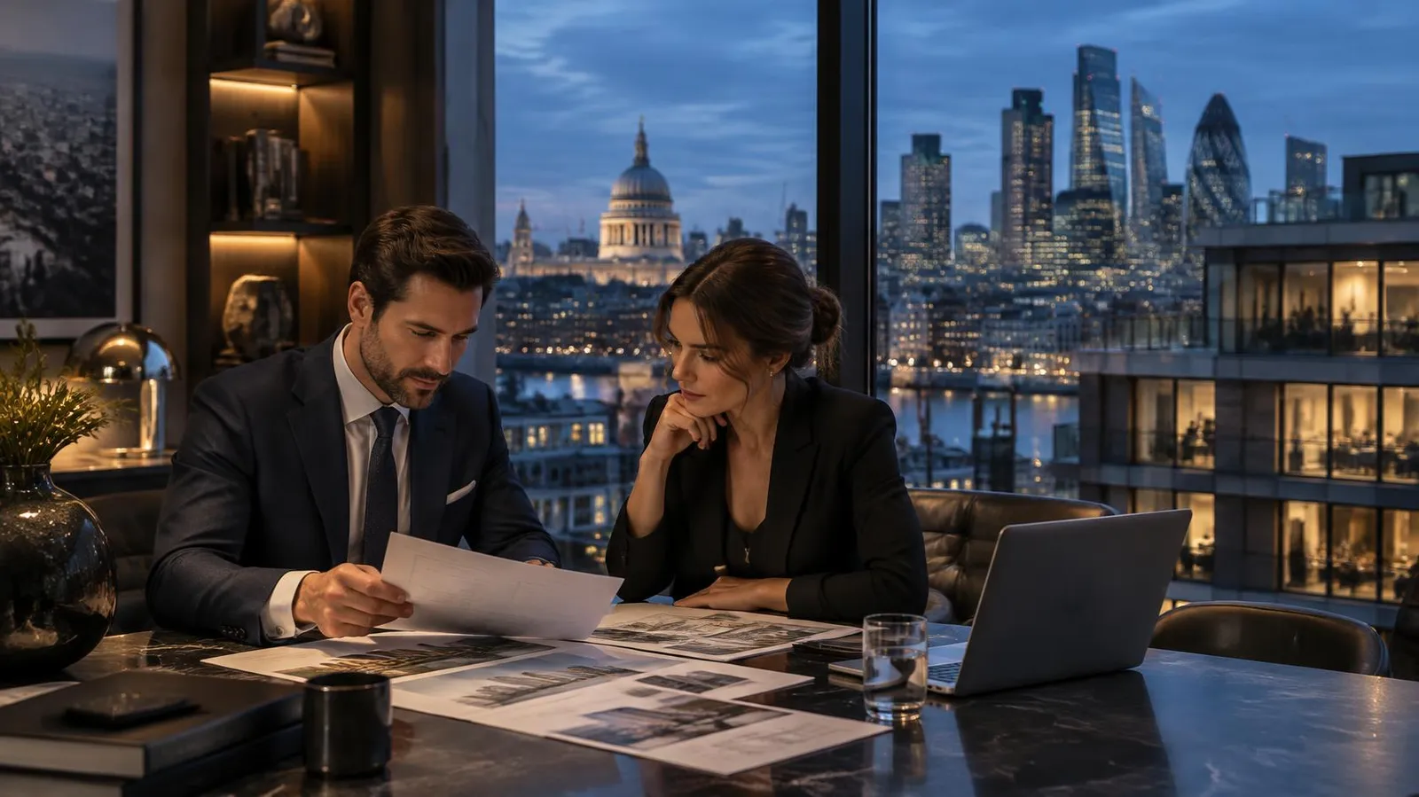Adviser and property manager reviewing documents in a London office overlooking the City, representing GDPR gap analysis for Habro.