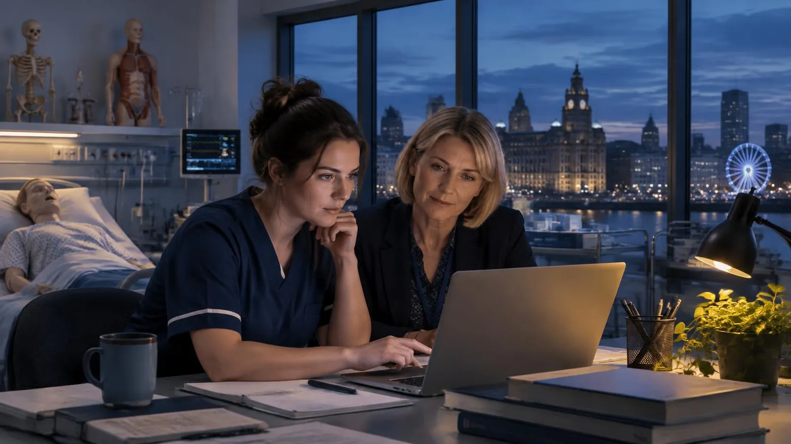 Nursing researcher and academic reviewing research records in a Liverpool university clinical skills lab, representing NHS DSPT compliance for Liverpool John Moores University.
