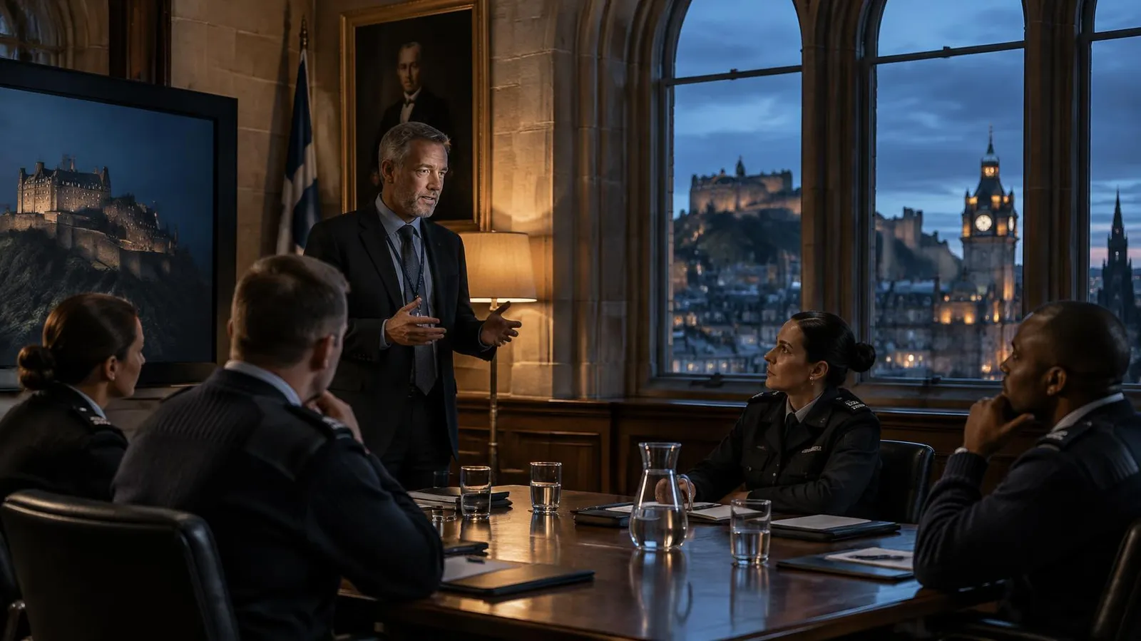 Trainer leading a data protection session for public-sector officers in an Edinburgh building, representing DPO training for the Crown Office & Procurator Fiscal Service.